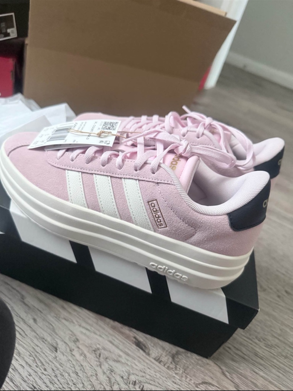 adidas Pink Suede-Look Platform Sneaker with White Stripes
